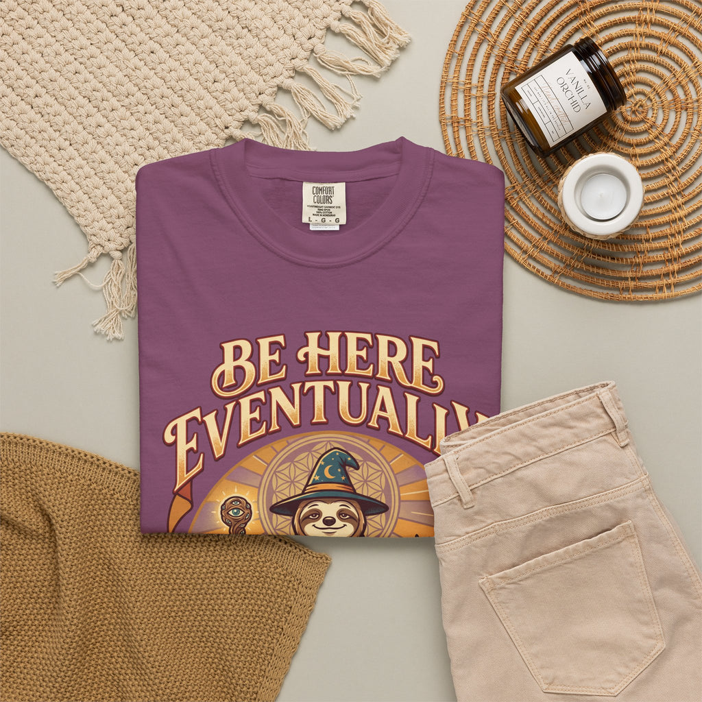 Be Here Eventually Sloth Graphic T-Shirt — Retro Meditation Tee