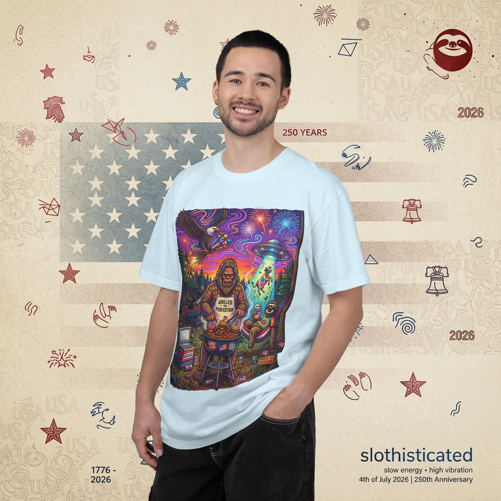 The Visitation — Psychedelic Sasquatch 4th of July BBQ UFO T-Shirt