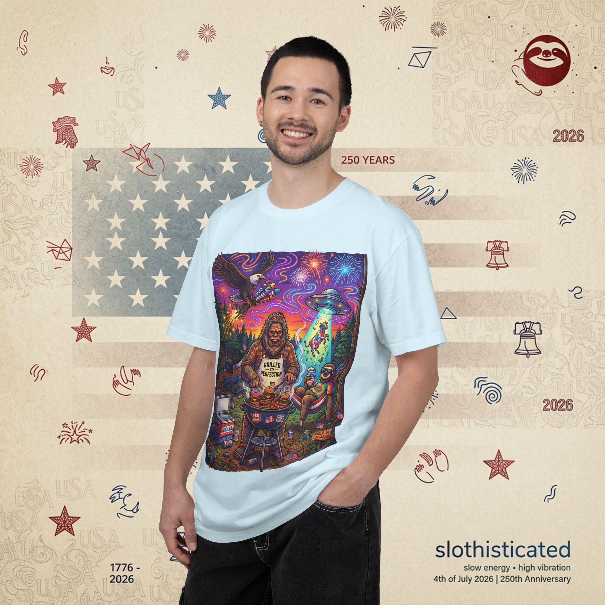 The Visitation — Psychedelic Sasquatch 4th of July BBQ UFO T-Shirt