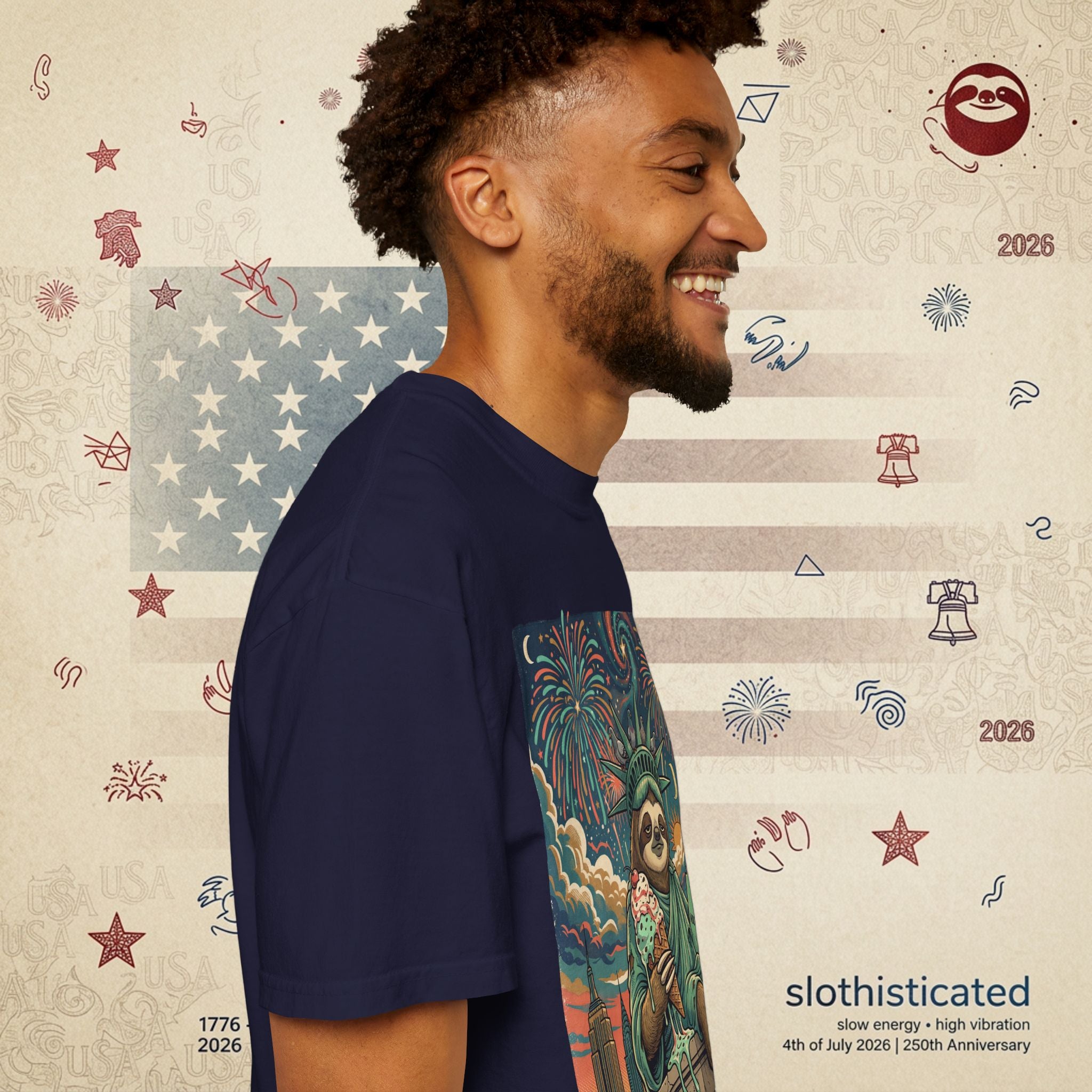 The Colossus — Liberty Sloth Statue Fireworks T-Shirt