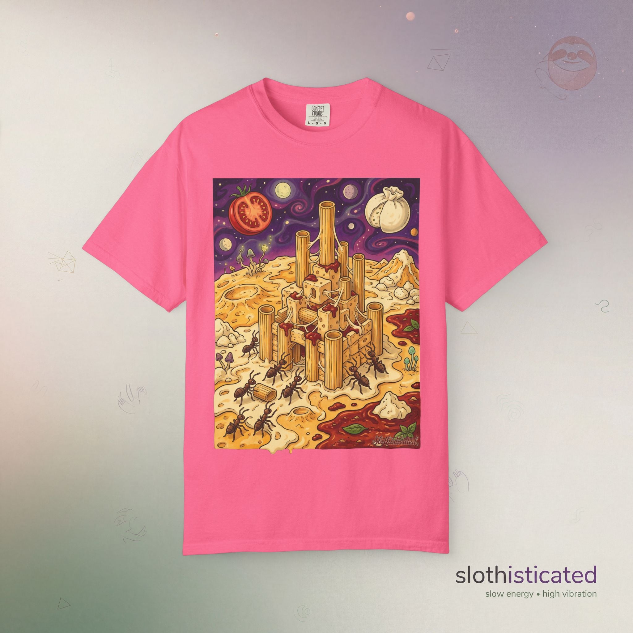 The Pasta Citadel — Funny Pasta Castle Tee · Surreal Foodie Art