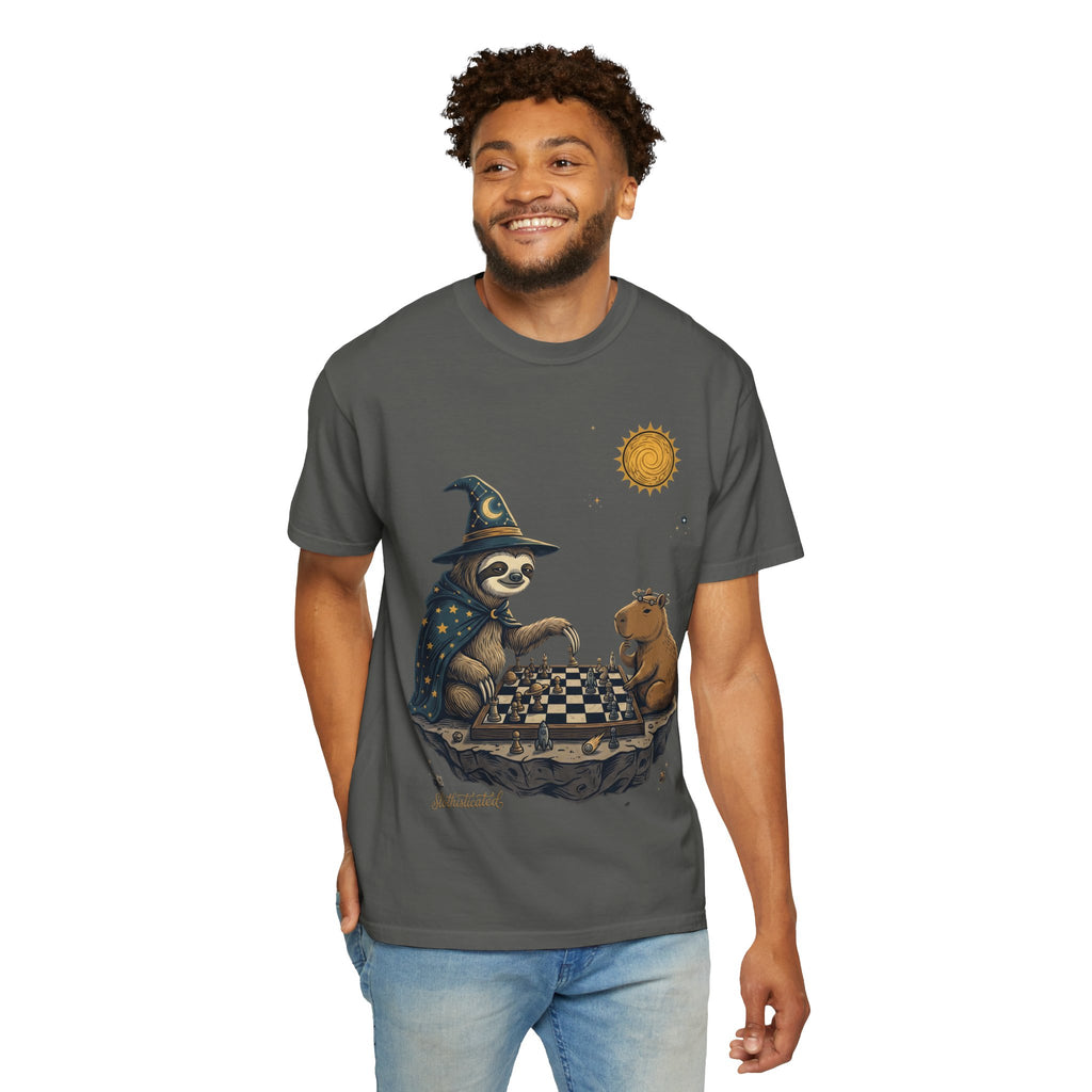 Wizard Sloth vs. Capybara Chess T-Shirt — Cute Fantasy Animal Game Tee