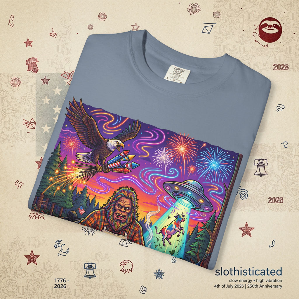 The Visitation — Psychedelic Sasquatch 4th of July BBQ UFO T-Shirt