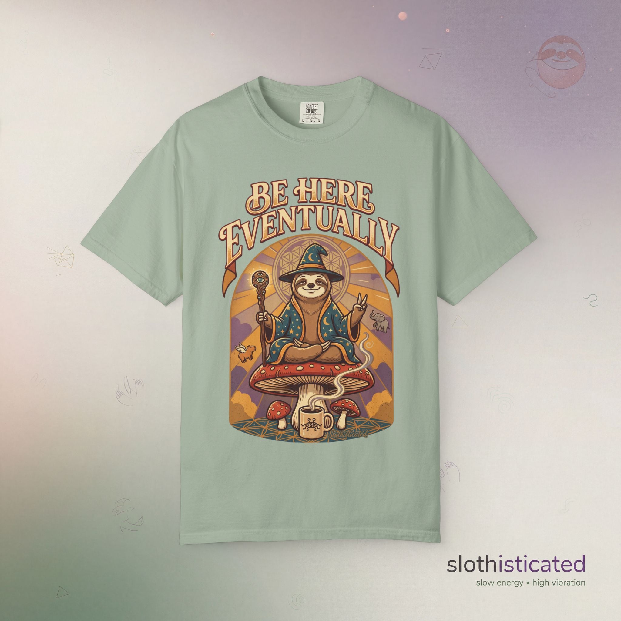 Be Here Eventually Sloth Graphic T-Shirt — Retro Meditation Tee