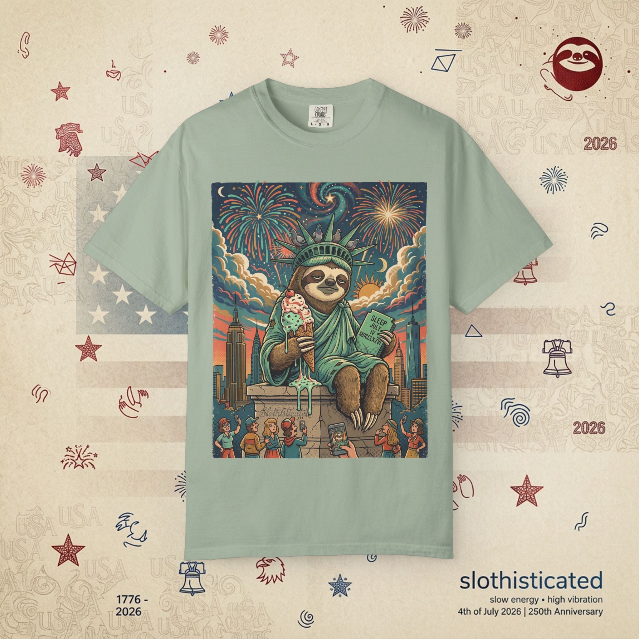 The Colossus — Liberty Sloth Statue Fireworks T-Shirt