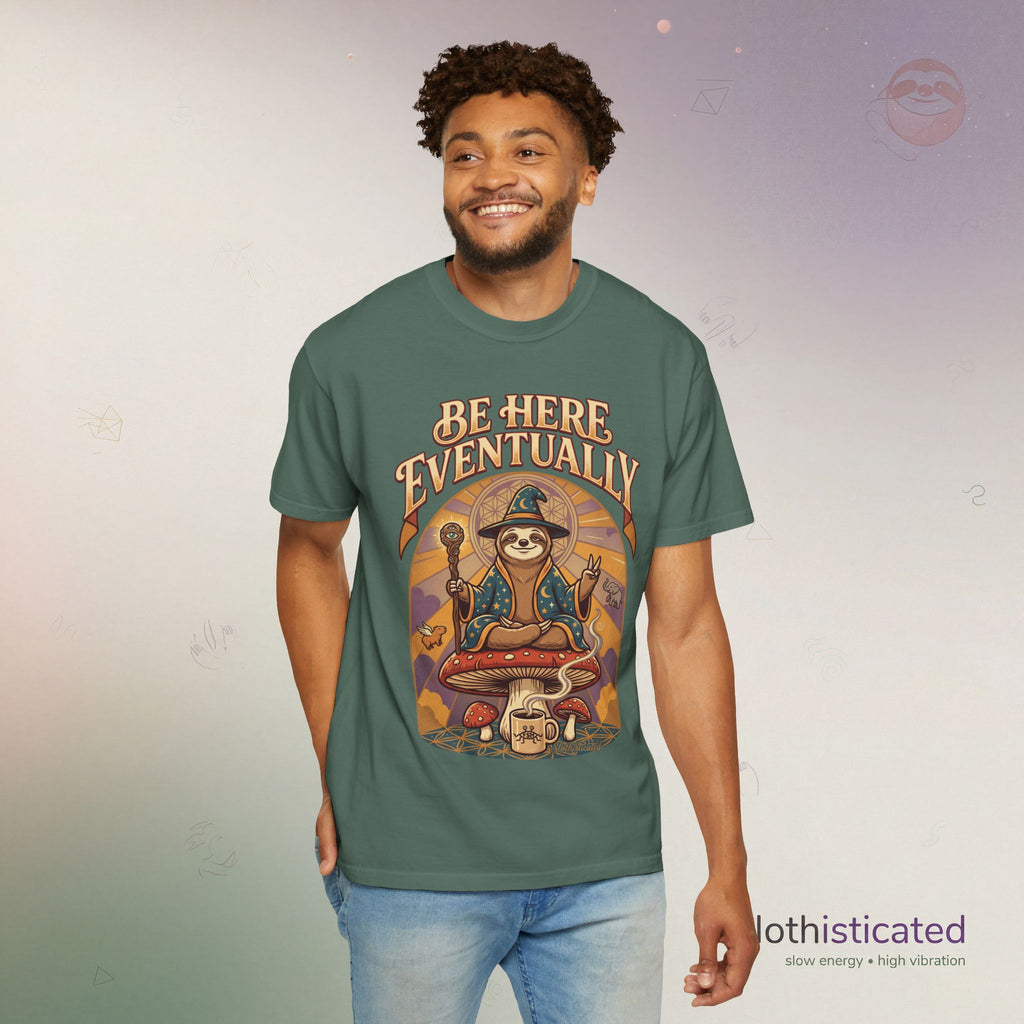 Be Here Eventually Sloth Graphic T-Shirt — Retro Meditation Tee