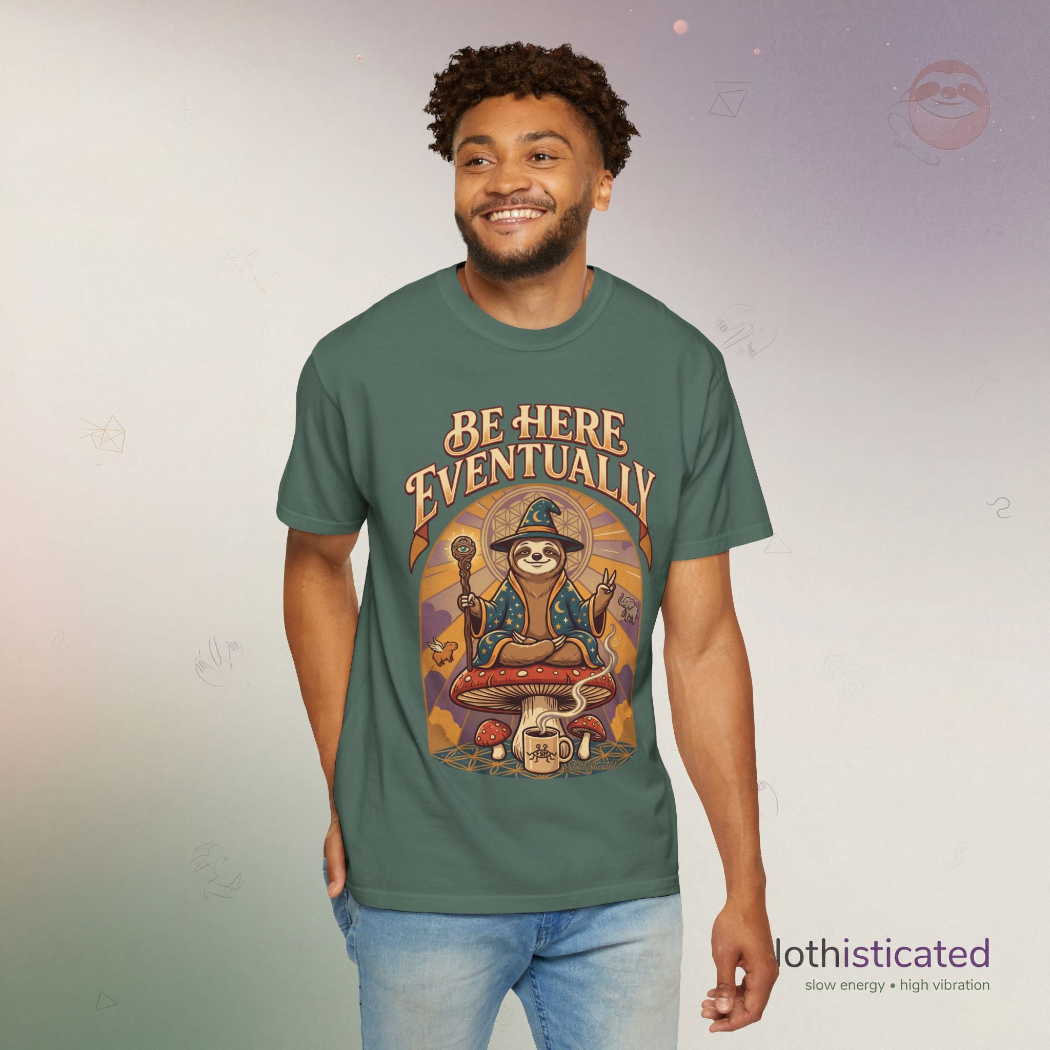 Be Here Eventually Sloth Graphic T-Shirt — Retro Meditation Tee