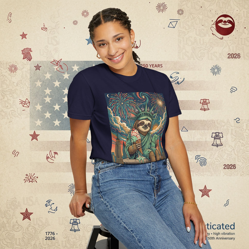 The Colossus — Liberty Sloth Statue Fireworks T-Shirt