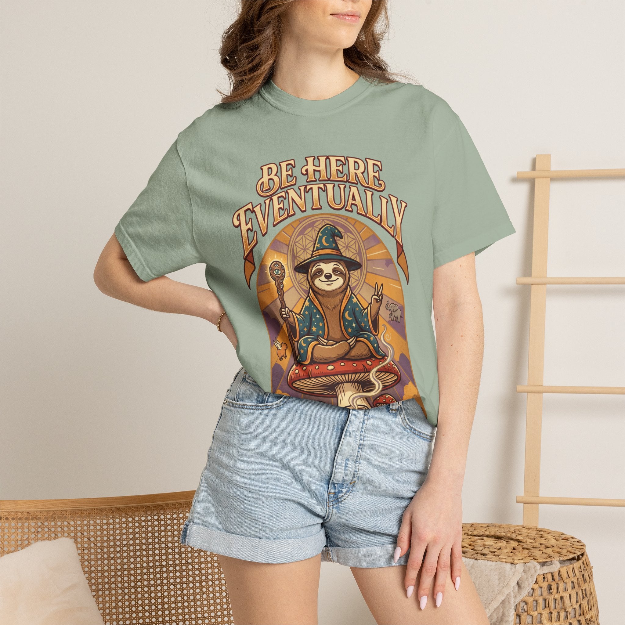 Be Here Eventually Sloth Graphic T-Shirt — Retro Meditation Tee