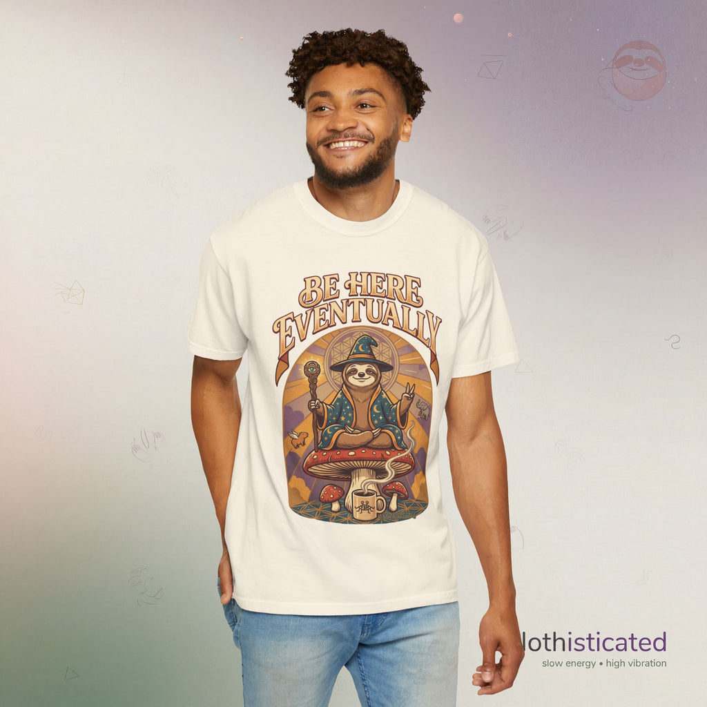 Be Here Eventually Sloth Graphic T-Shirt — Retro Meditation Tee
