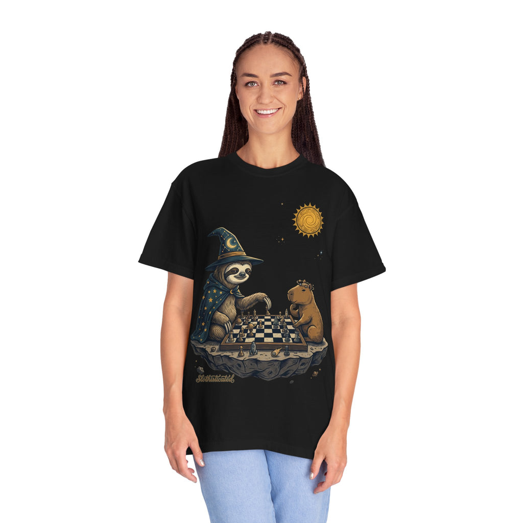 Wizard Sloth vs. Capybara Chess T-Shirt — Cute Fantasy Animal Game Tee