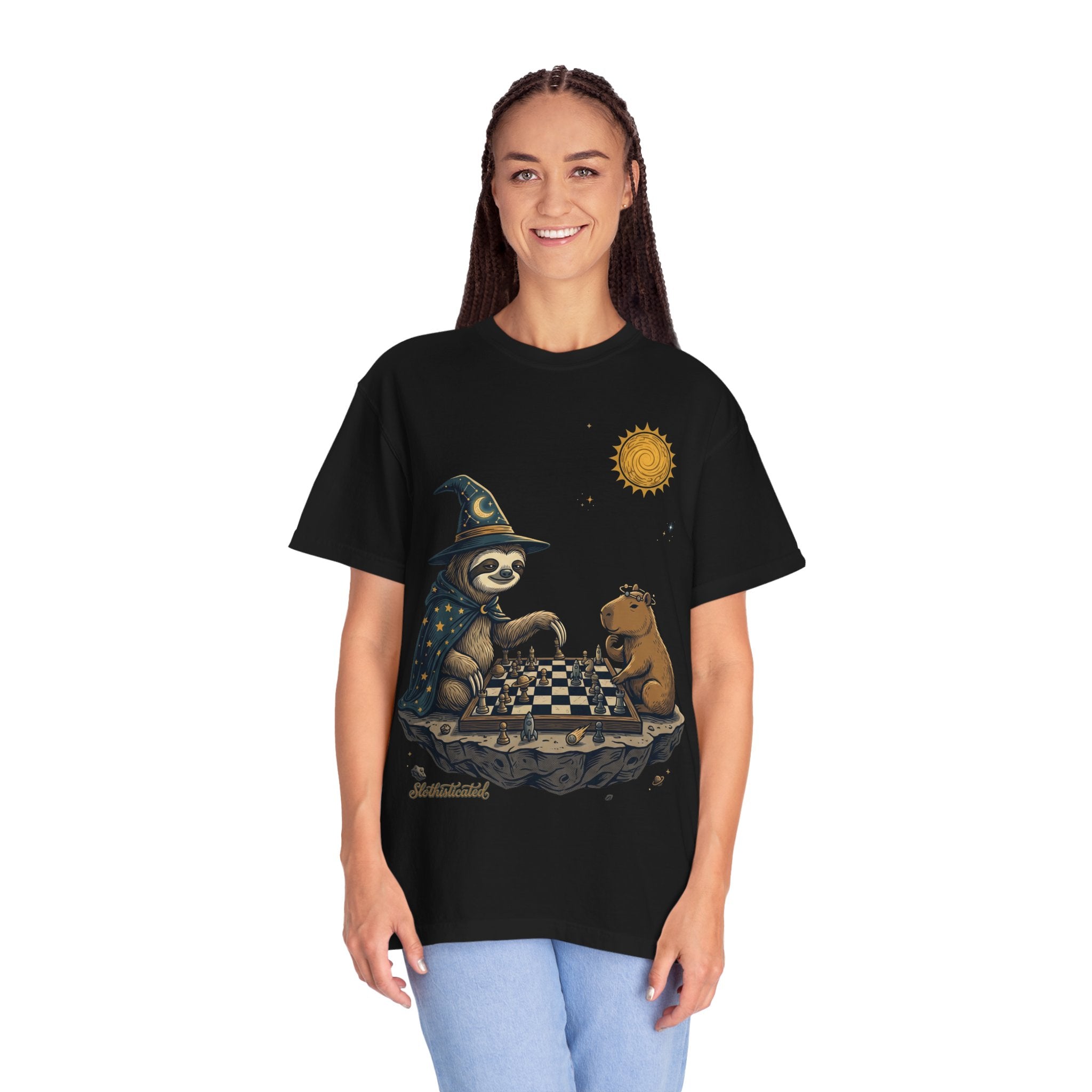 Wizard Sloth vs. Capybara Chess T-Shirt — Cute Fantasy Animal Game Tee