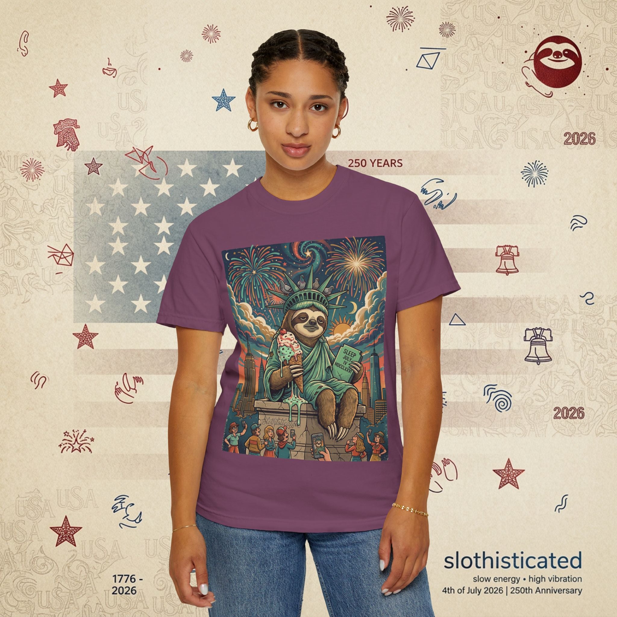 The Colossus — Liberty Sloth Statue Fireworks T-Shirt