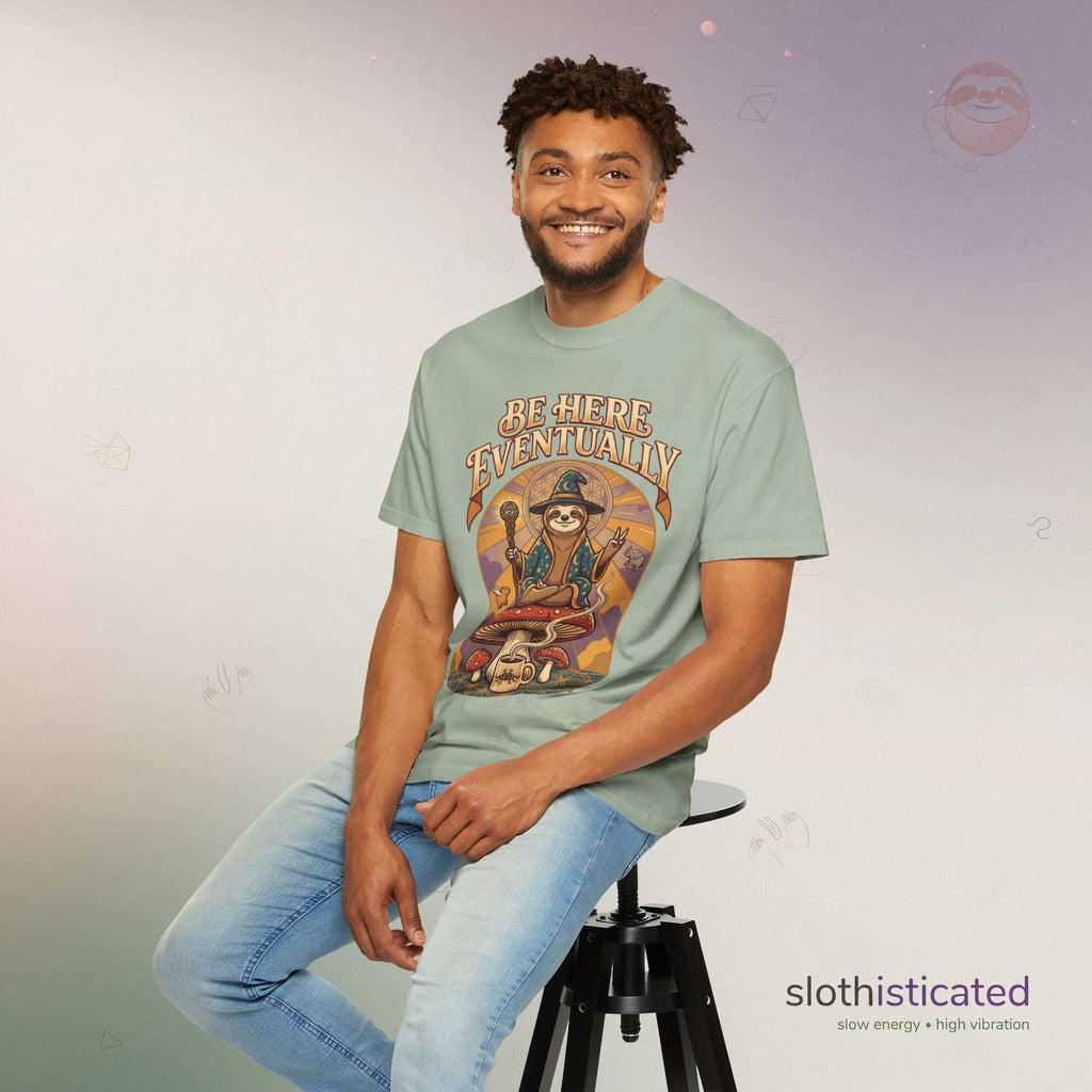 Be Here Eventually Sloth Graphic T-Shirt — Retro Meditation Tee