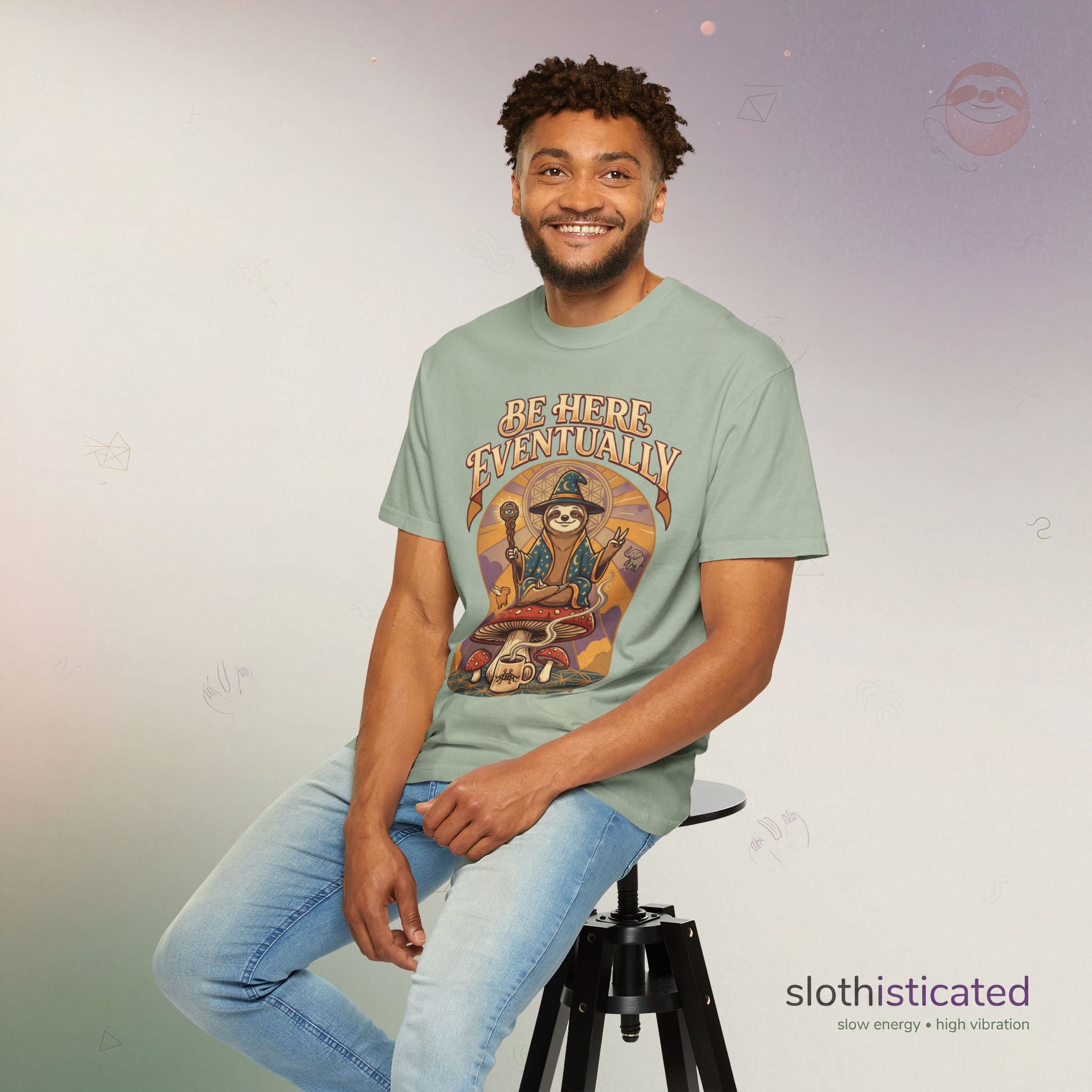 Be Here Eventually Sloth Graphic T-Shirt — Retro Meditation Tee