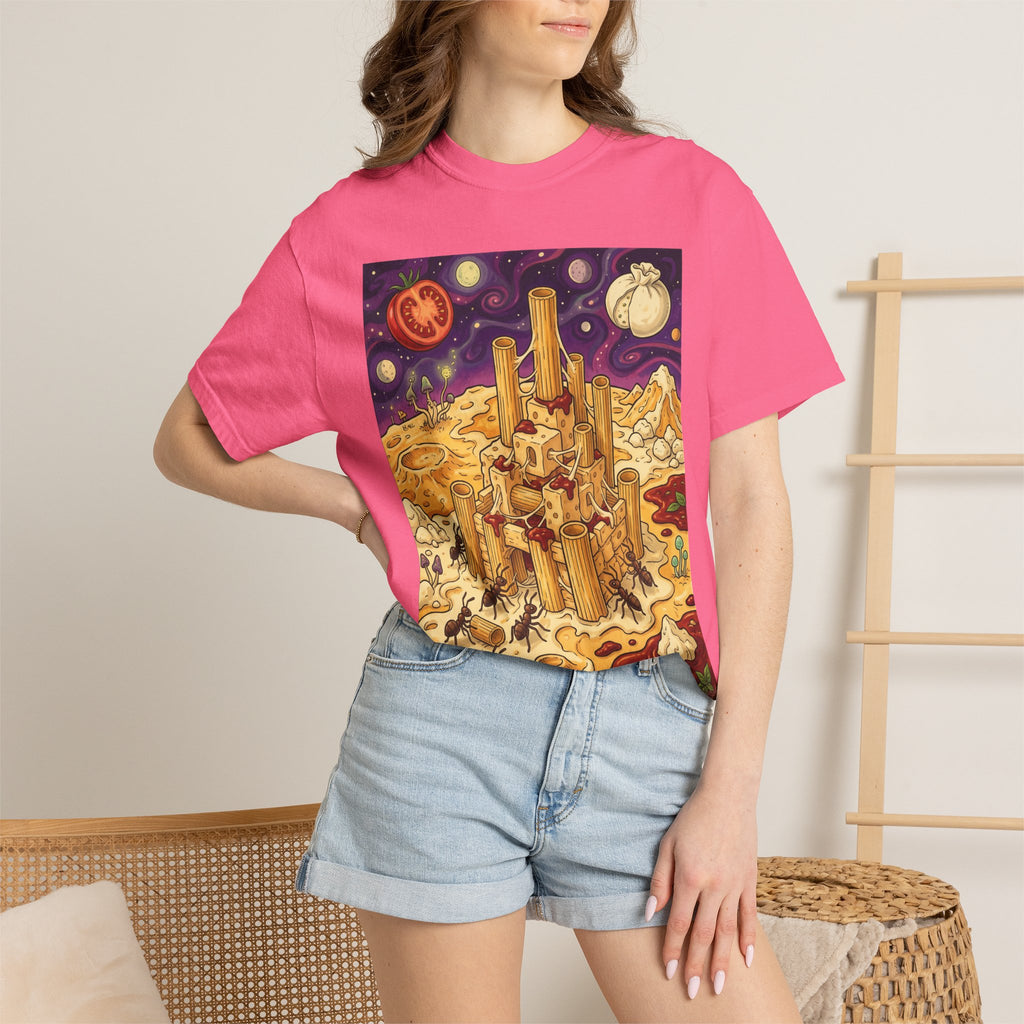 The Pasta Citadel — Funny Pasta Castle Tee · Surreal Foodie Art