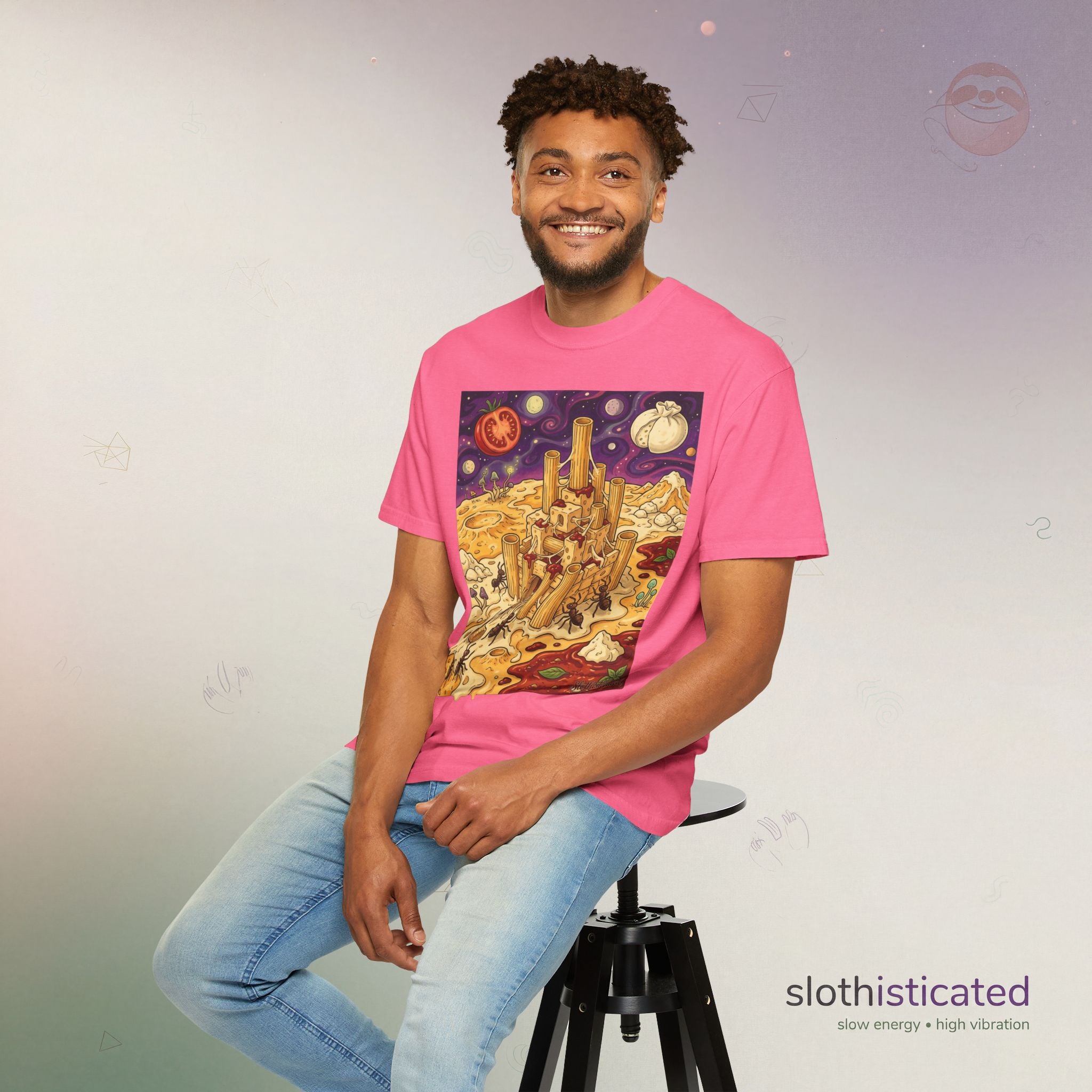 The Pasta Citadel — Funny Pasta Castle Tee · Surreal Foodie Art
