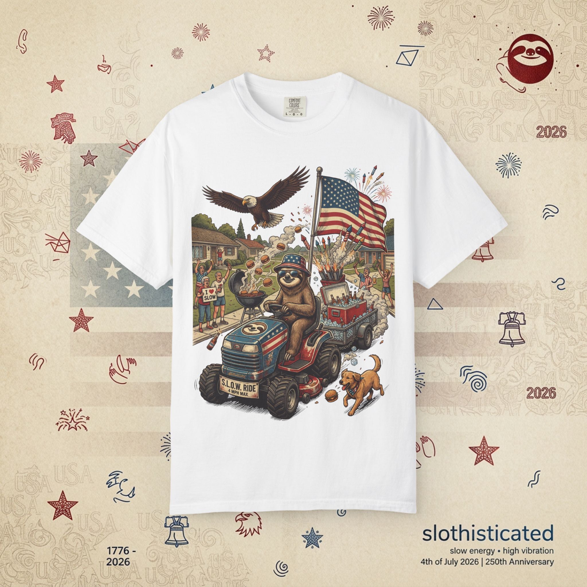 The Slow Ride — Sloth Riding Mower Americana T-Shirt