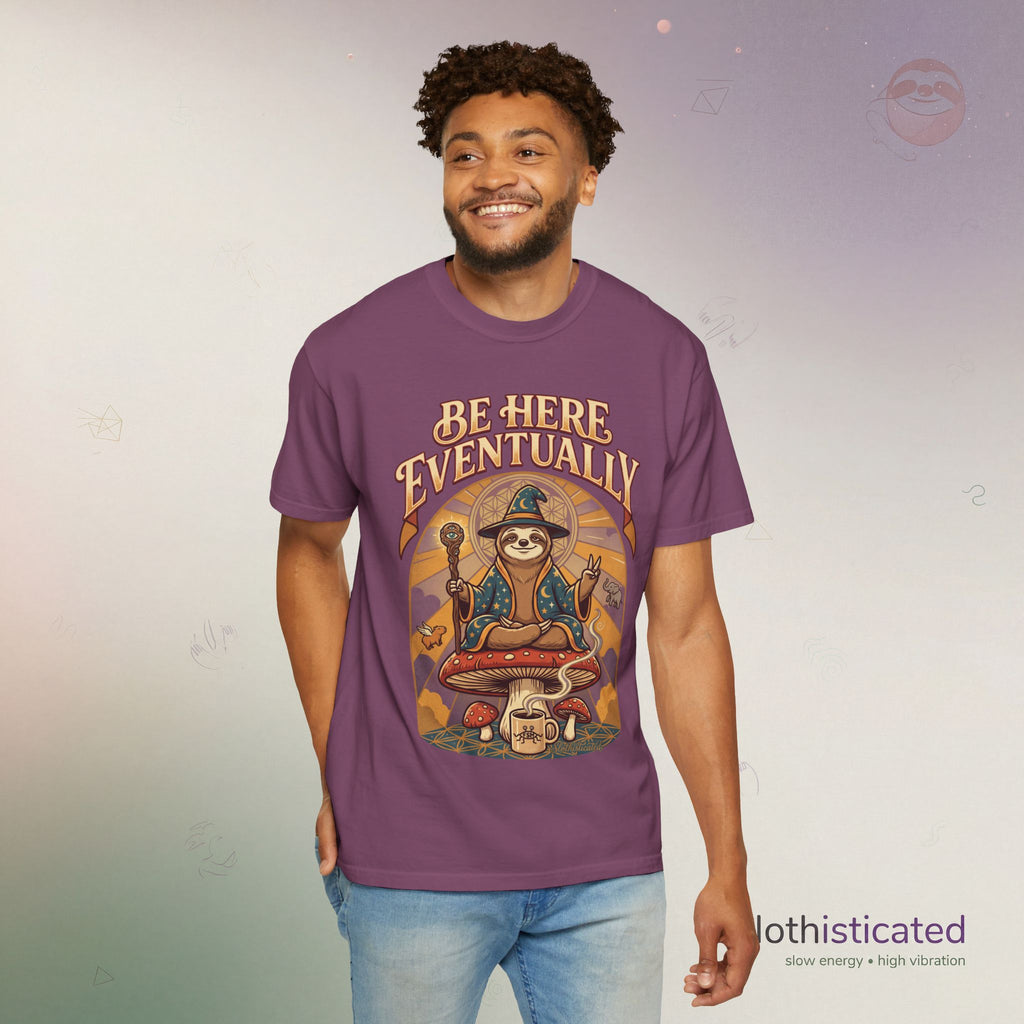 Be Here Eventually Sloth Graphic T-Shirt — Retro Meditation Tee