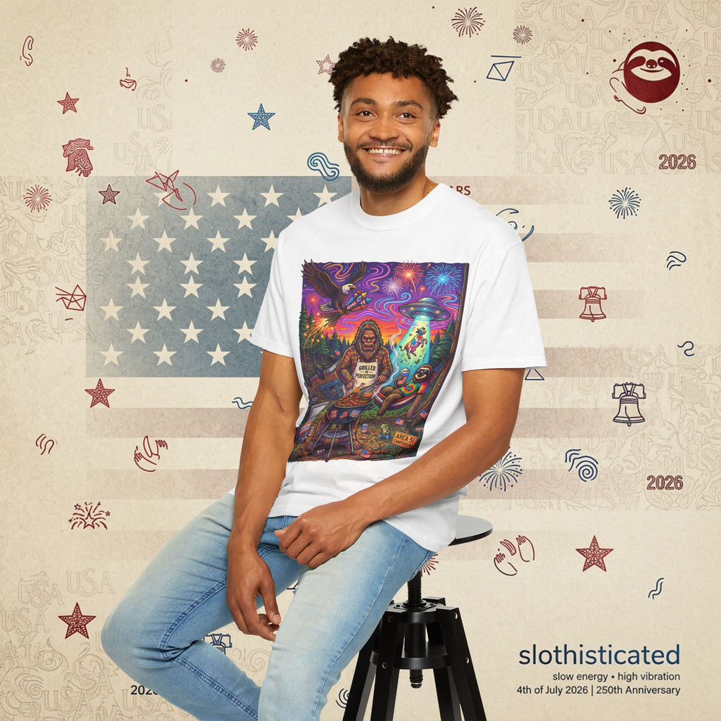 The Visitation — Psychedelic Sasquatch 4th of July BBQ UFO T-Shirt