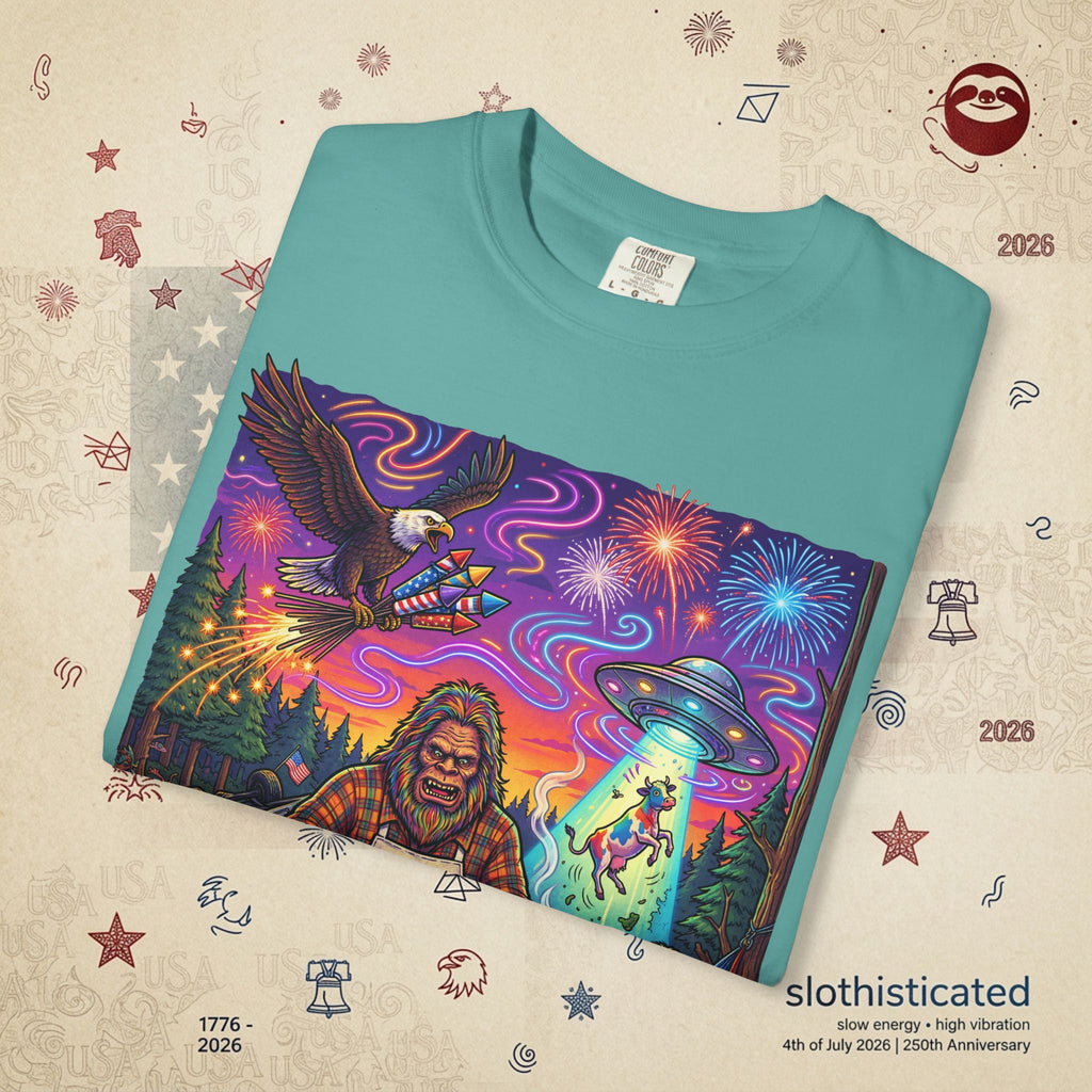 The Visitation — Psychedelic Sasquatch 4th of July BBQ UFO T-Shirt