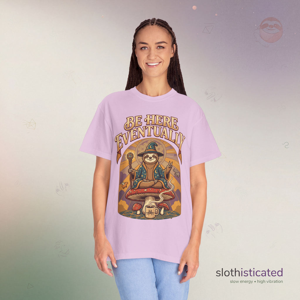 Be Here Eventually Sloth Graphic T-Shirt — Retro Meditation Tee