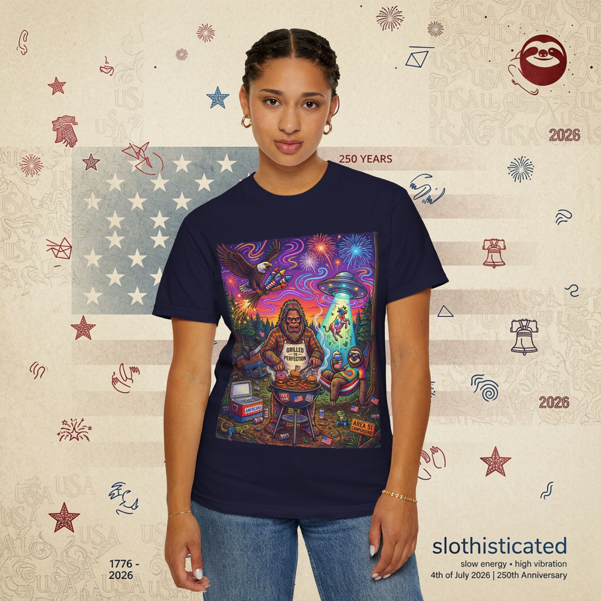 The Visitation — Psychedelic Sasquatch 4th of July BBQ UFO T-Shirt