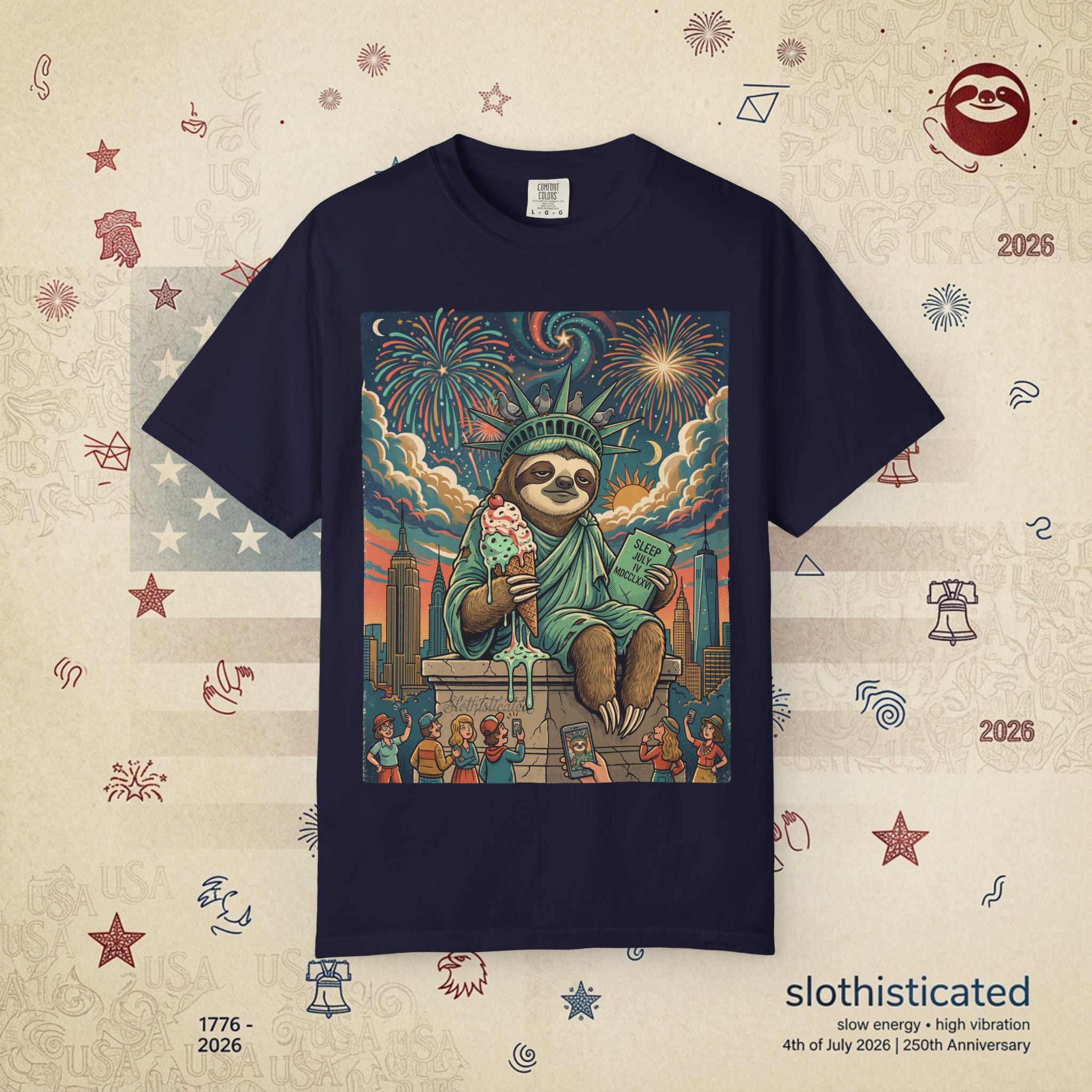 The Colossus — Liberty Sloth Statue Fireworks T-Shirt