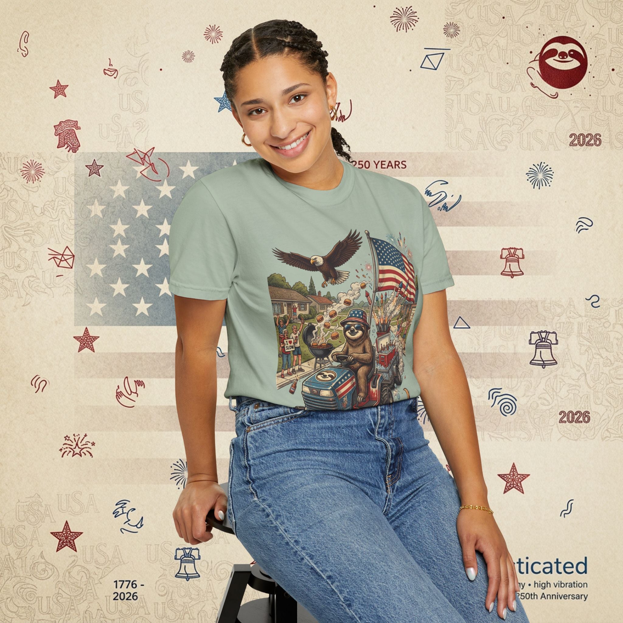 The Slow Ride — Sloth Riding Mower Americana T-Shirt