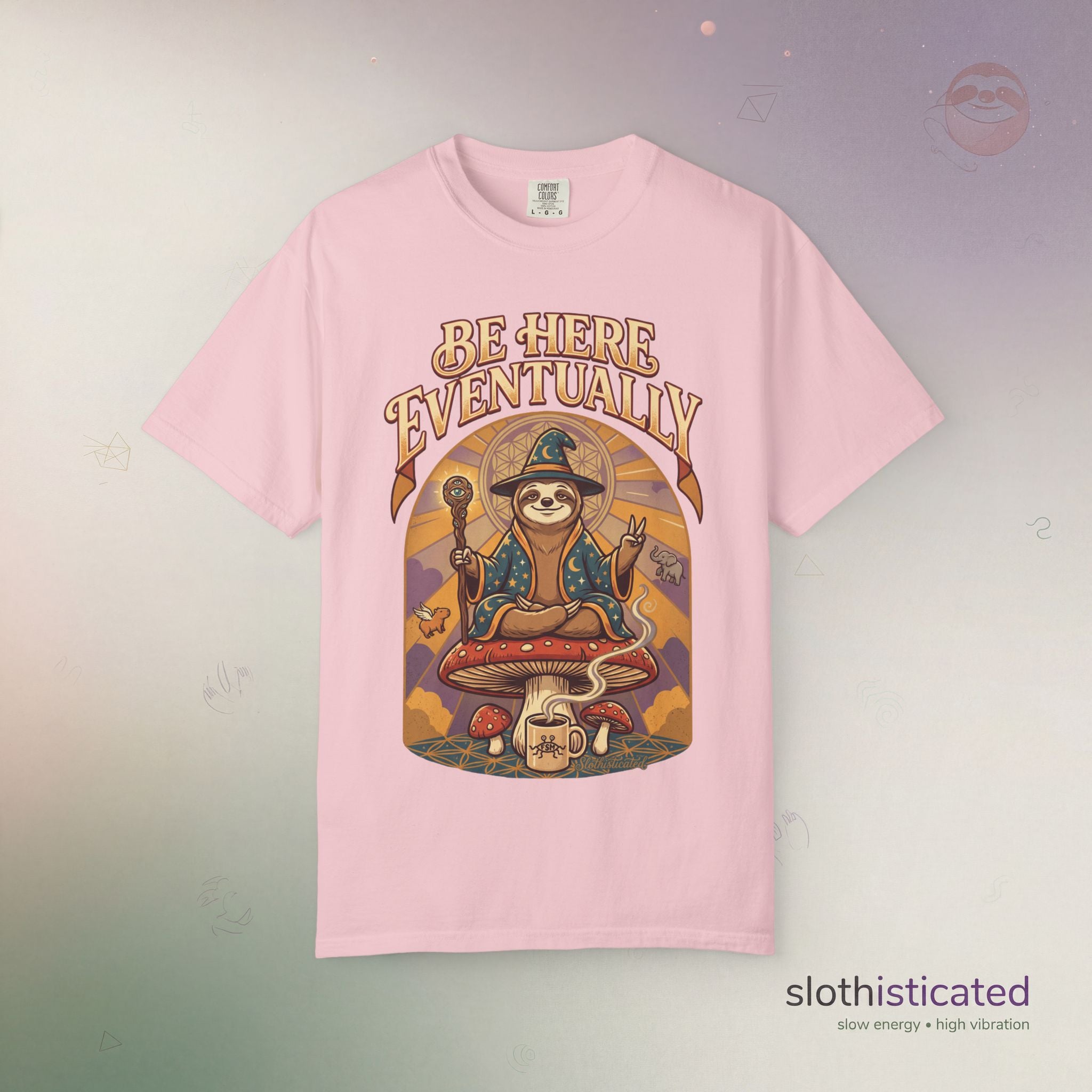 Be Here Eventually Sloth Graphic T-Shirt — Retro Meditation Tee