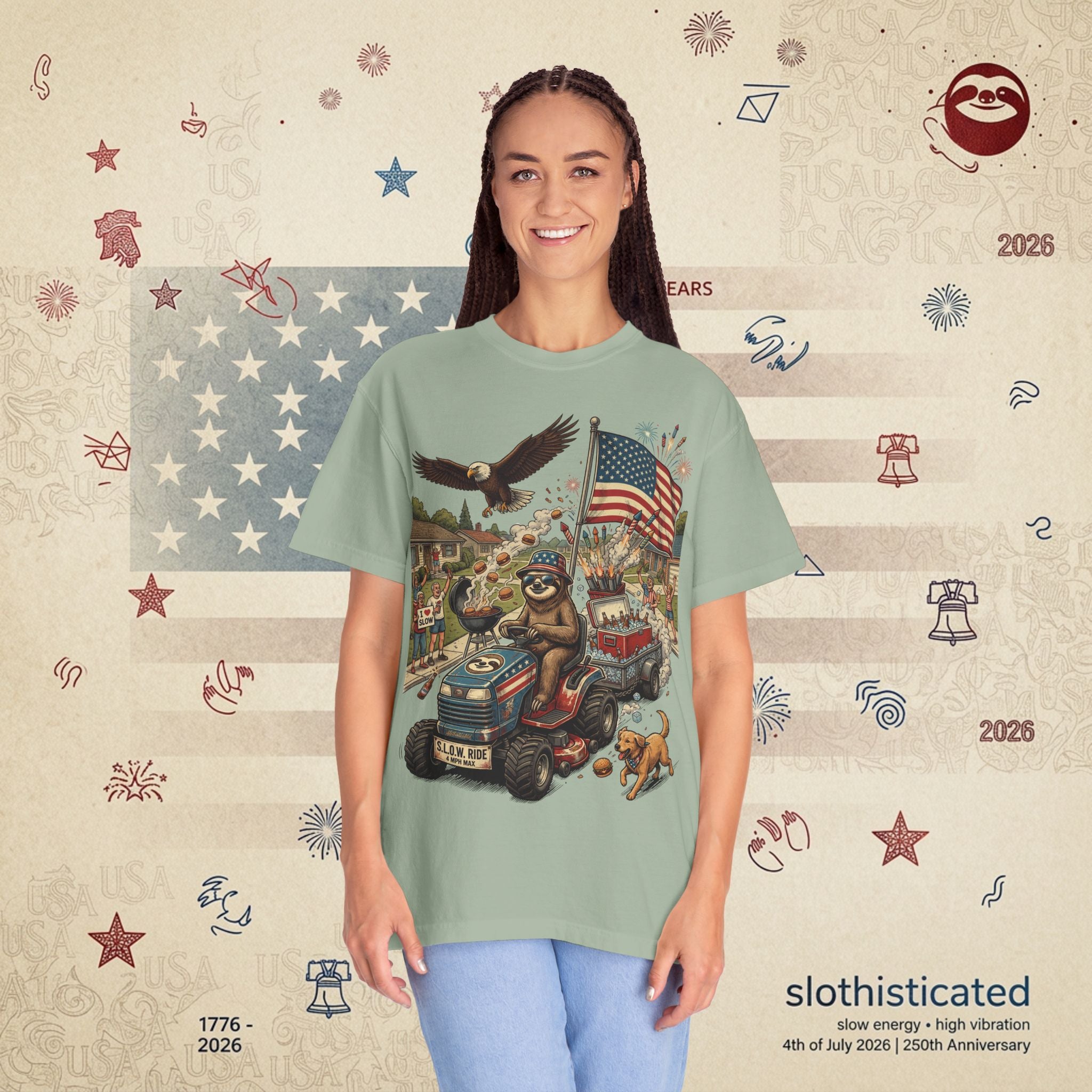 The Slow Ride — Sloth Riding Mower Americana T-Shirt