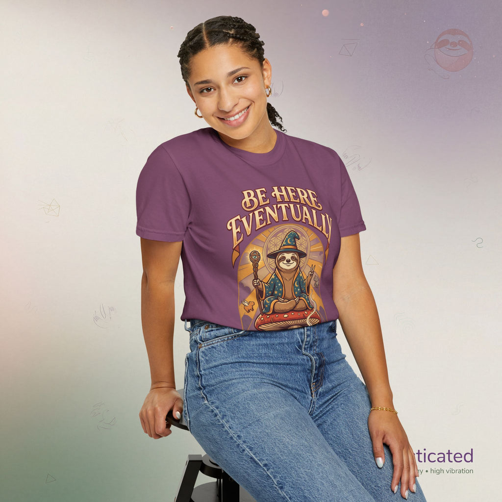 Be Here Eventually Sloth Graphic T-Shirt — Retro Meditation Tee