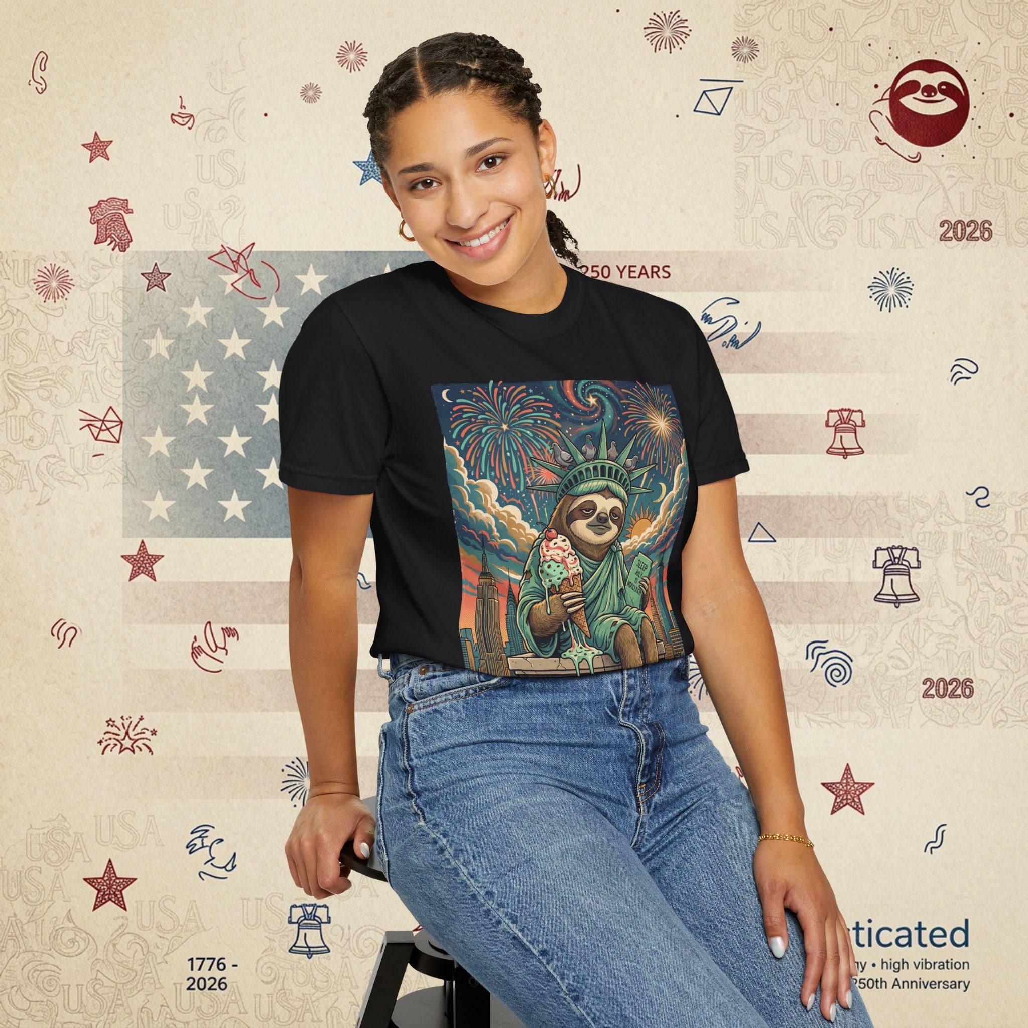 The Colossus — Liberty Sloth Statue Fireworks T-Shirt