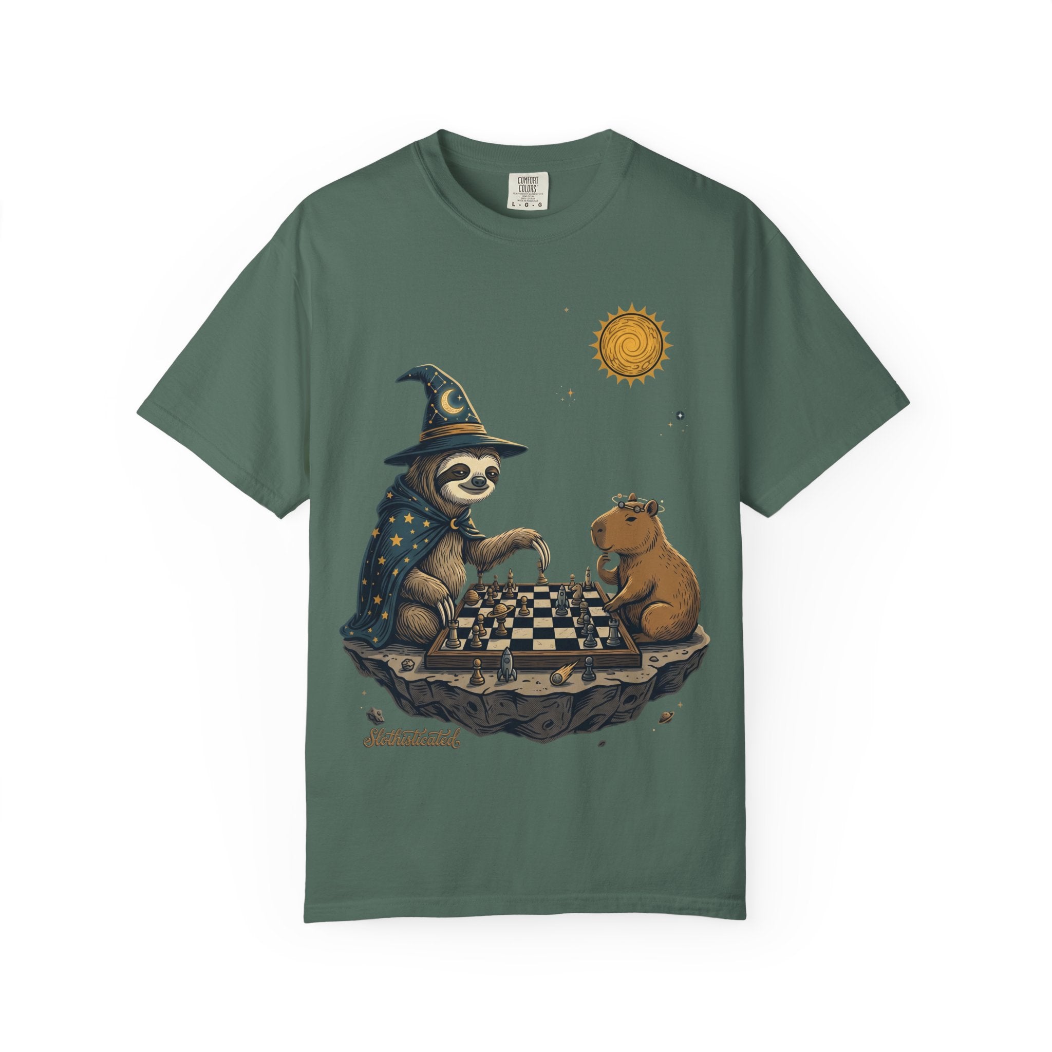 Wizard Sloth vs. Capybara Chess T-Shirt — Cute Fantasy Animal Game Tee