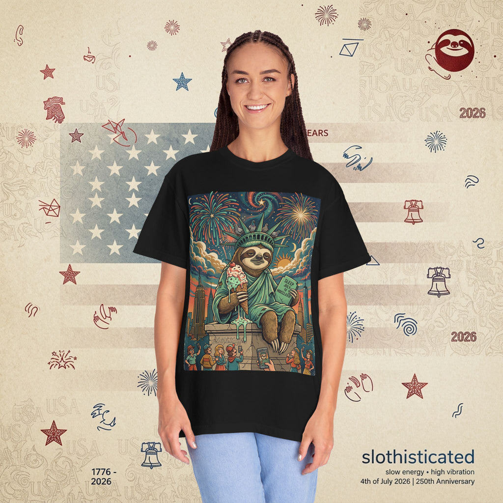 The Colossus — Liberty Sloth Statue Fireworks T-Shirt