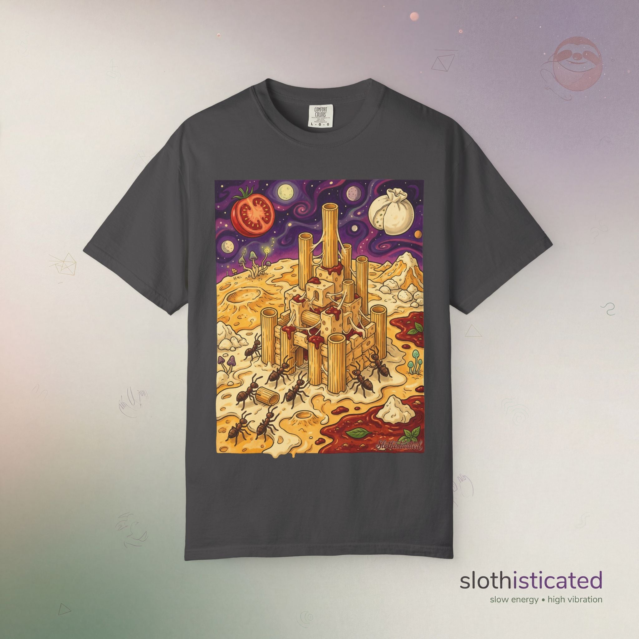 The Pasta Citadel — Funny Pasta Castle Tee · Surreal Foodie Art