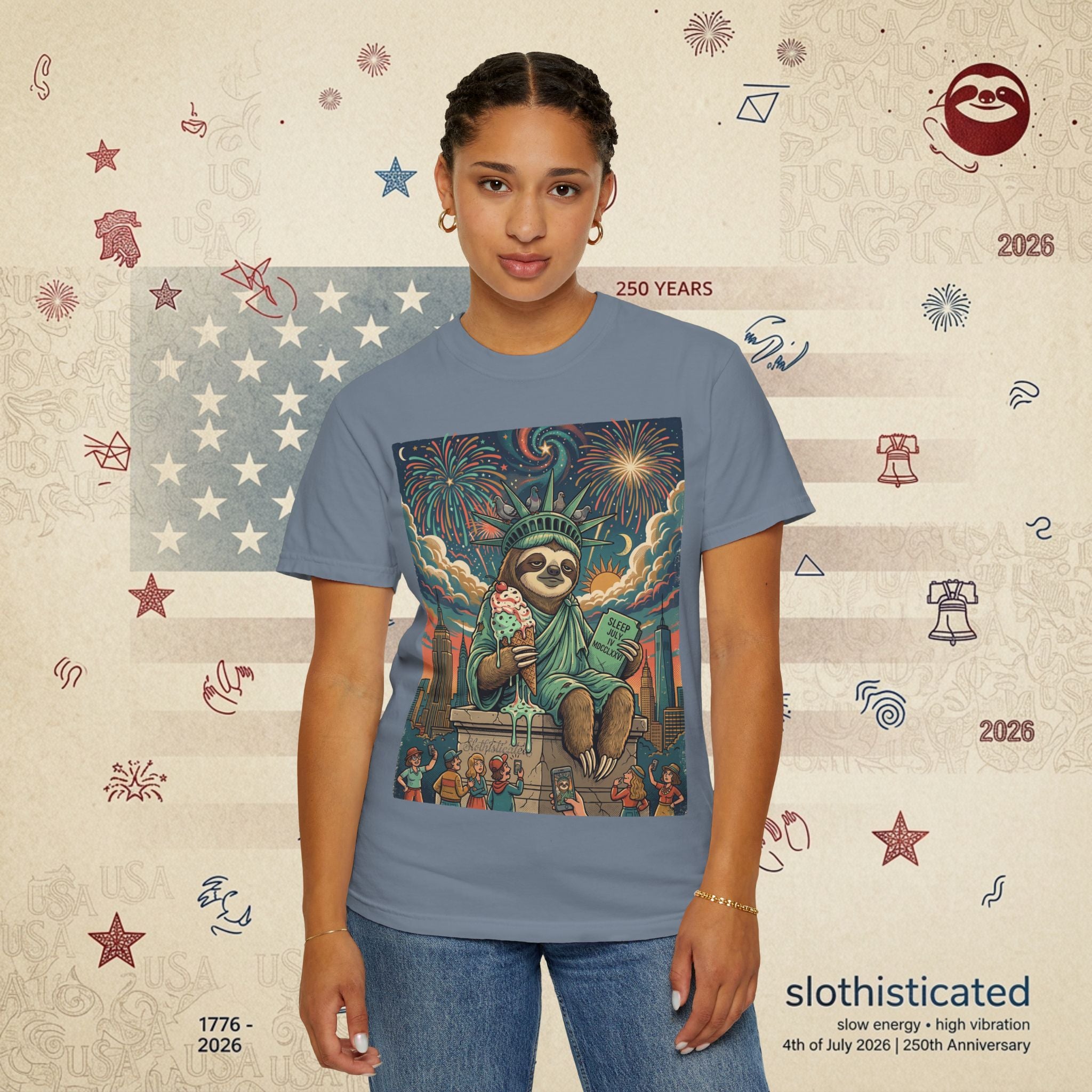 The Colossus — Liberty Sloth Statue Fireworks T-Shirt