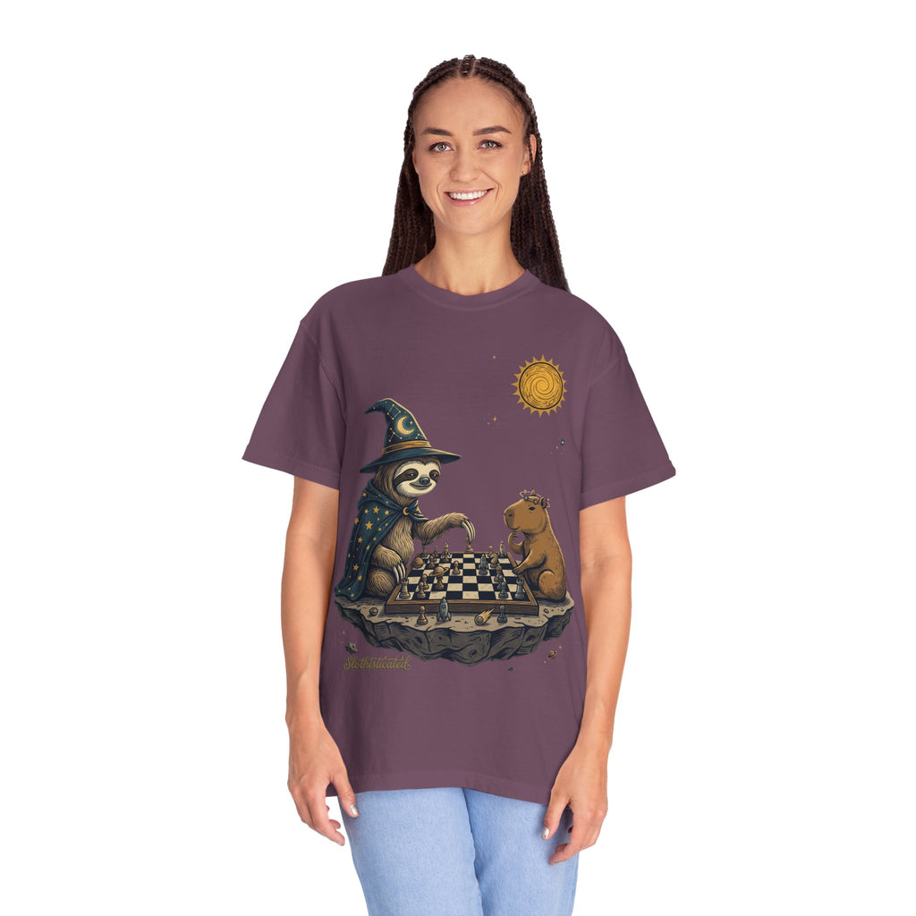 Wizard Sloth vs. Capybara Chess T-Shirt — Cute Fantasy Animal Game Tee