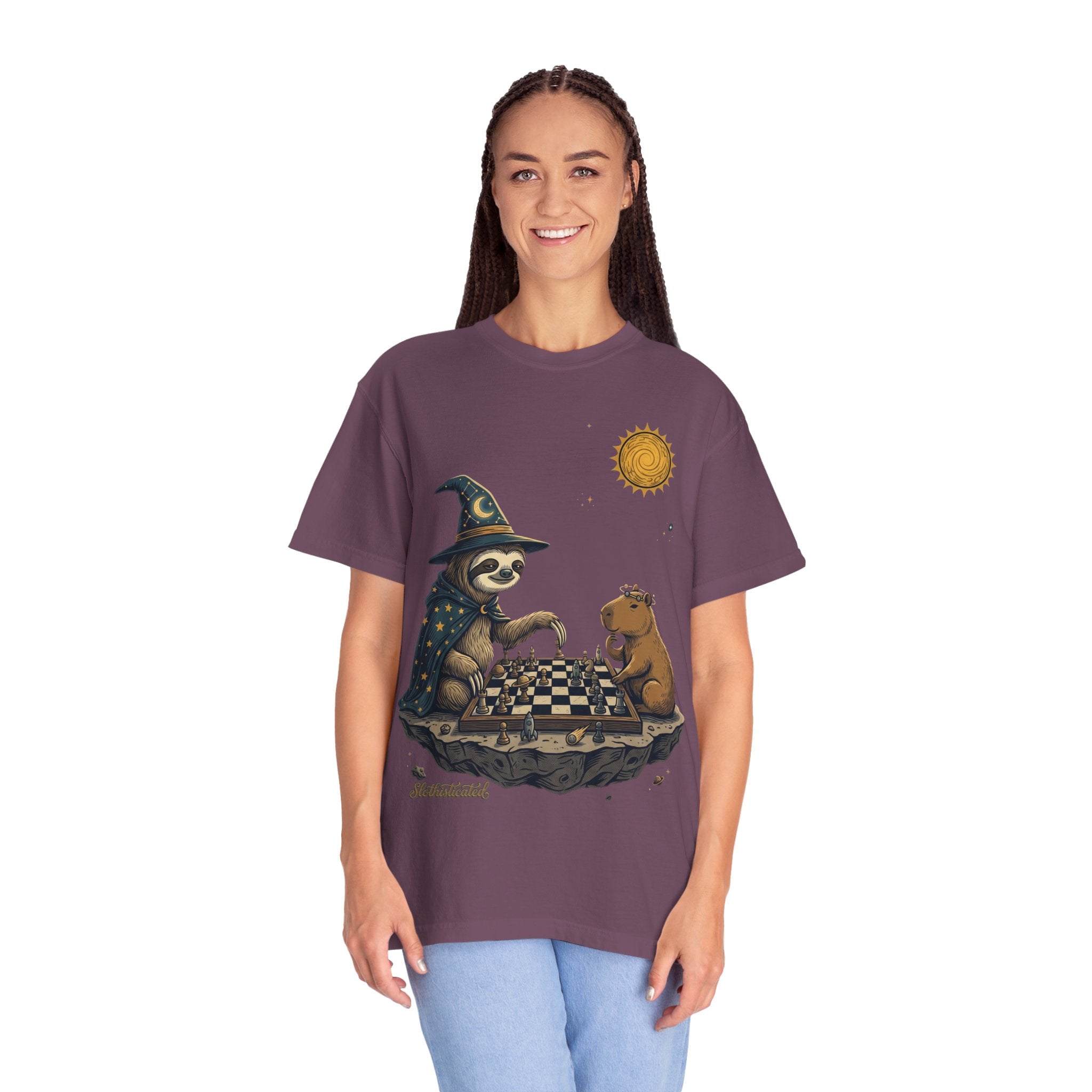 Wizard Sloth vs. Capybara Chess T-Shirt — Cute Fantasy Animal Game Tee