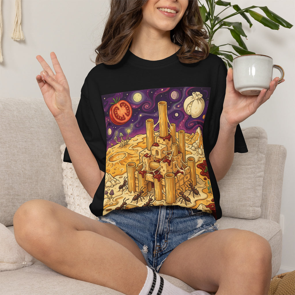 The Pasta Citadel — Funny Pasta Castle Tee · Surreal Foodie Art