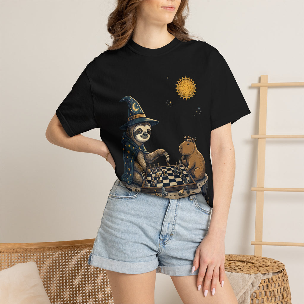 Wizard Sloth vs. Capybara Chess T-Shirt — Cute Fantasy Animal Game Tee