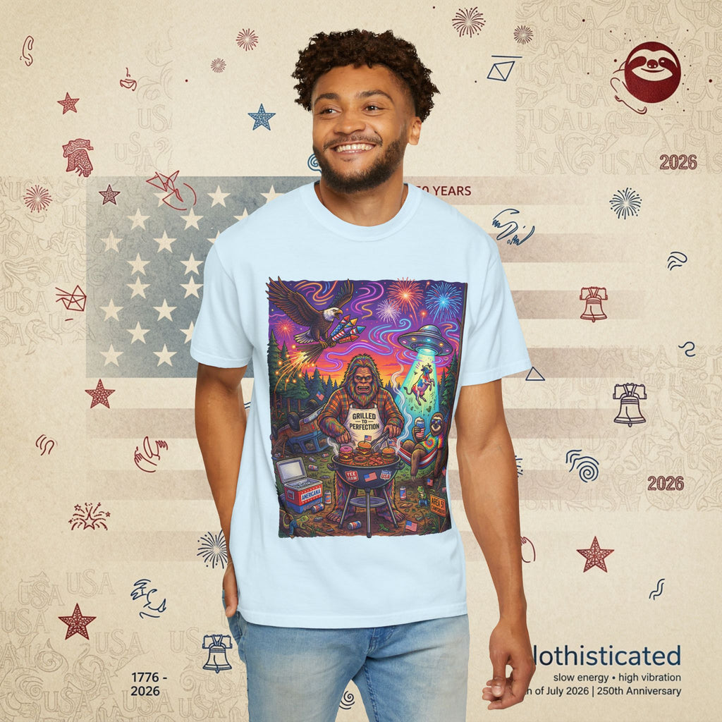 The Visitation — Psychedelic Sasquatch 4th of July BBQ UFO T-Shirt