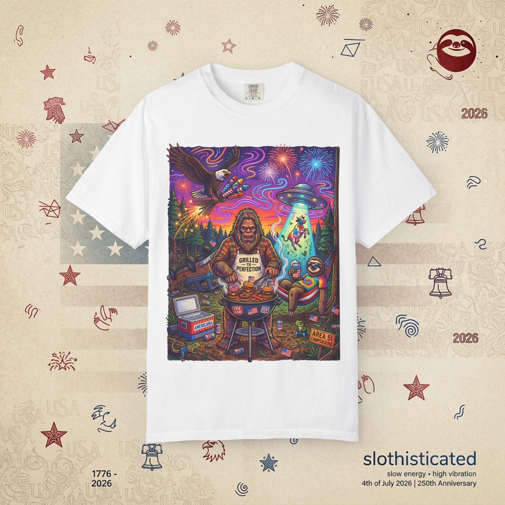 The Visitation — Psychedelic Sasquatch 4th of July BBQ UFO T-Shirt