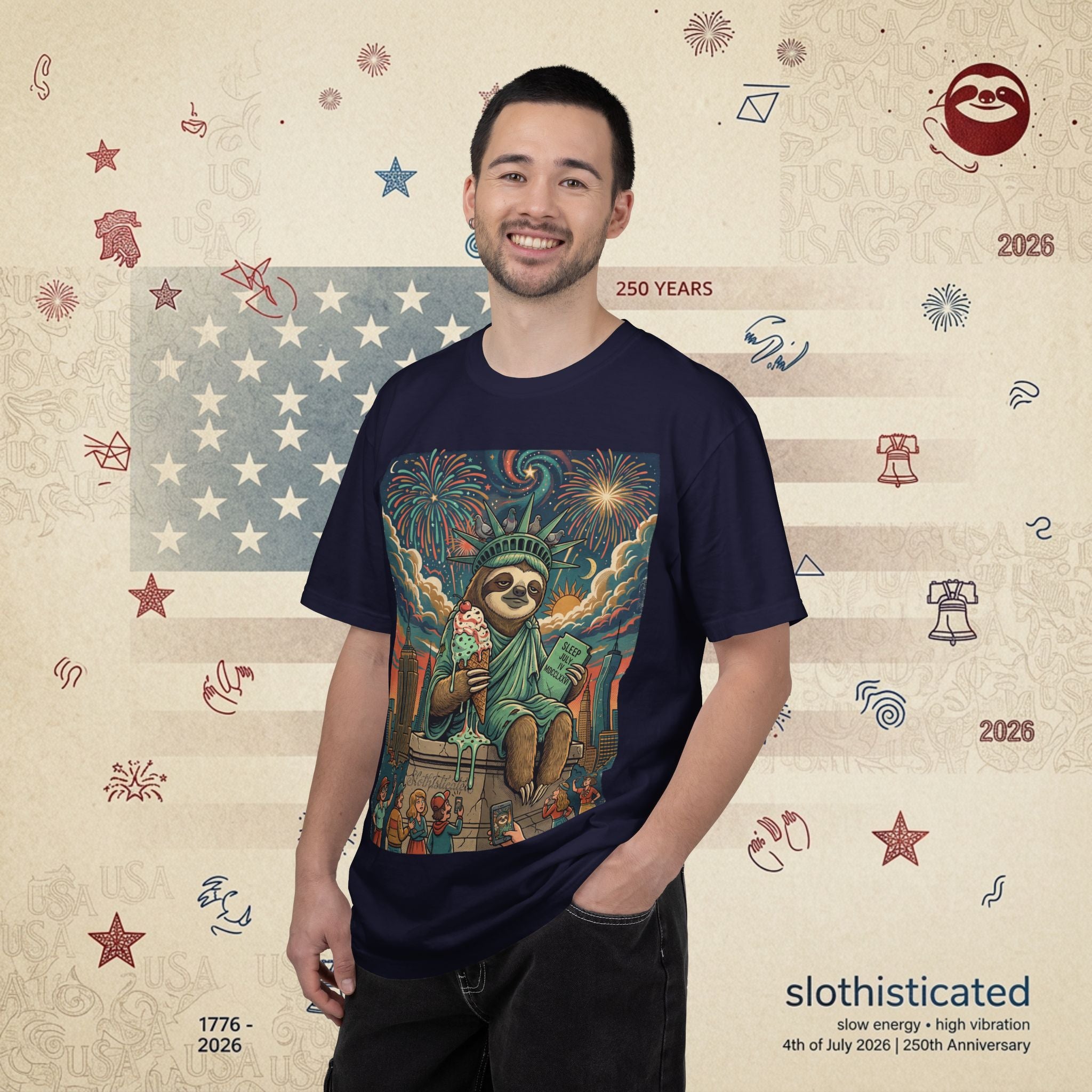 The Colossus — Liberty Sloth Statue Fireworks T-Shirt
