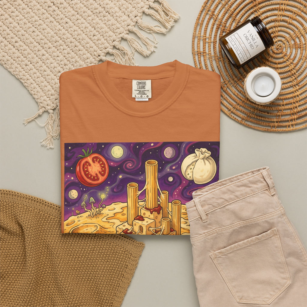 The Pasta Citadel — Funny Pasta Castle Tee · Surreal Foodie Art