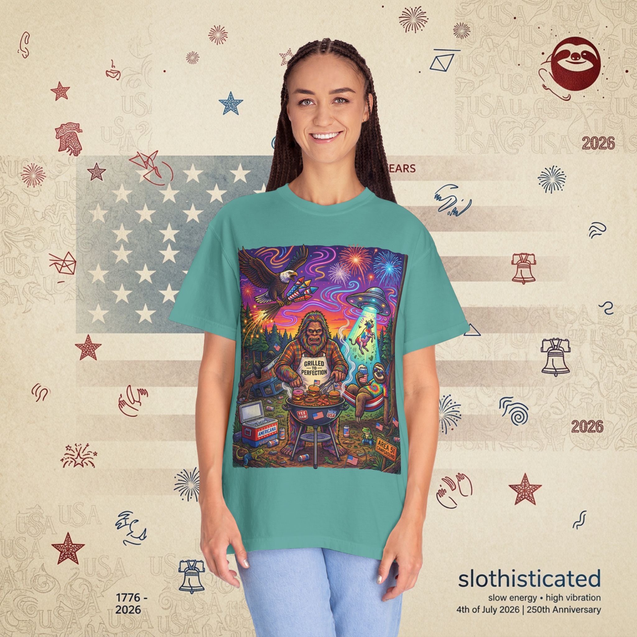 The Visitation — Psychedelic Sasquatch 4th of July BBQ UFO T-Shirt
