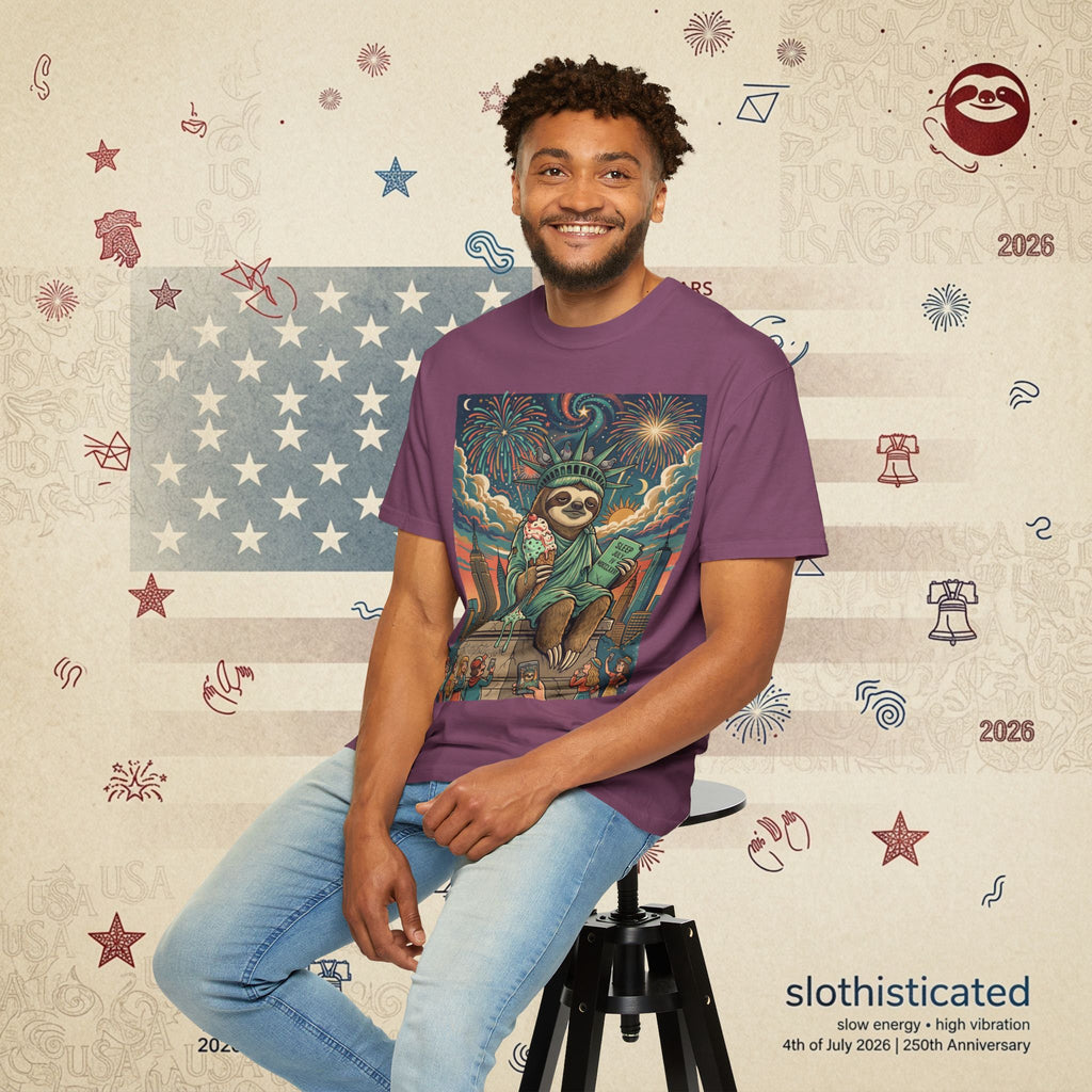 The Colossus — Liberty Sloth Statue Fireworks T-Shirt