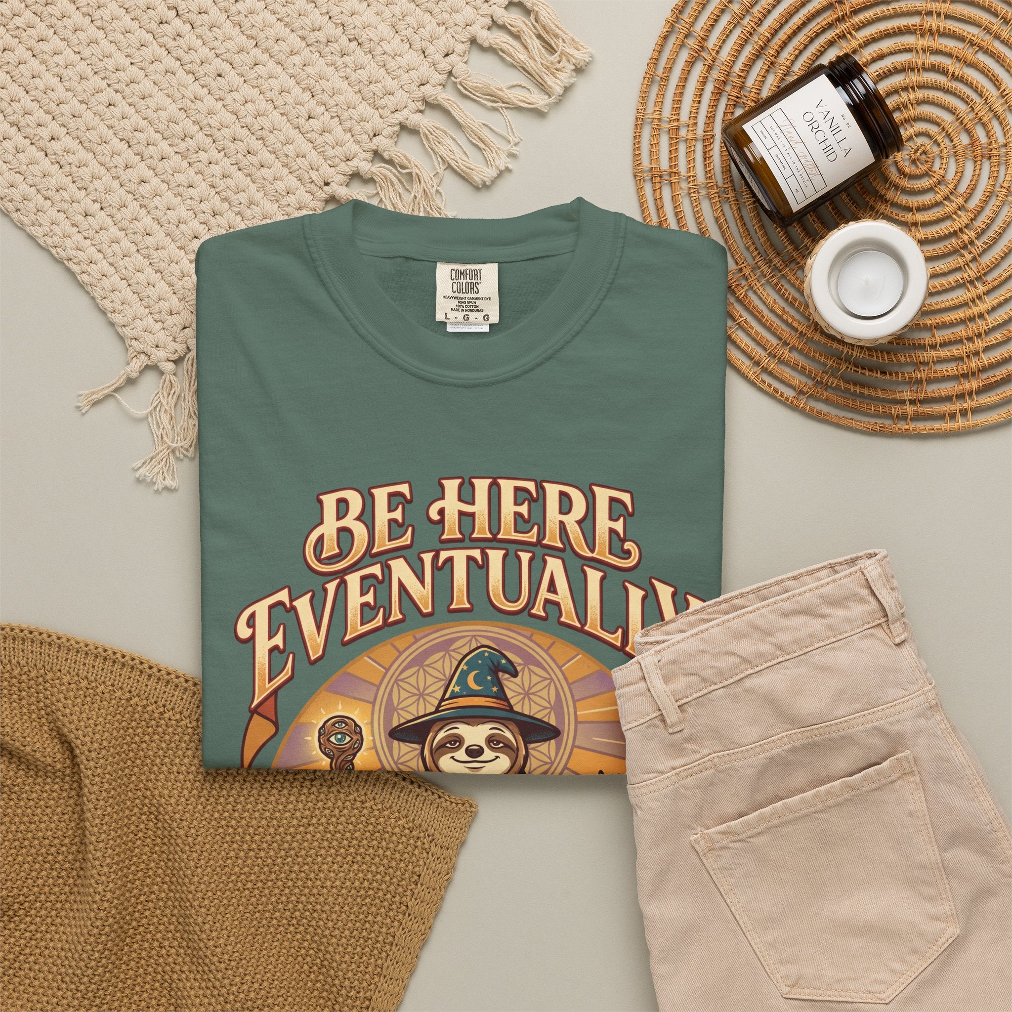 Be Here Eventually Sloth Graphic T-Shirt — Retro Meditation Tee