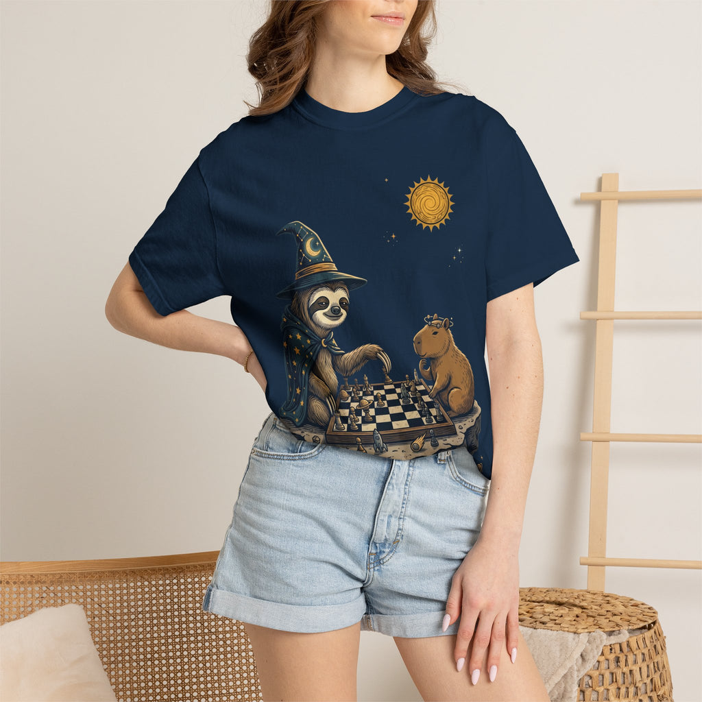 Wizard Sloth vs. Capybara Chess T-Shirt — Cute Fantasy Animal Game Tee