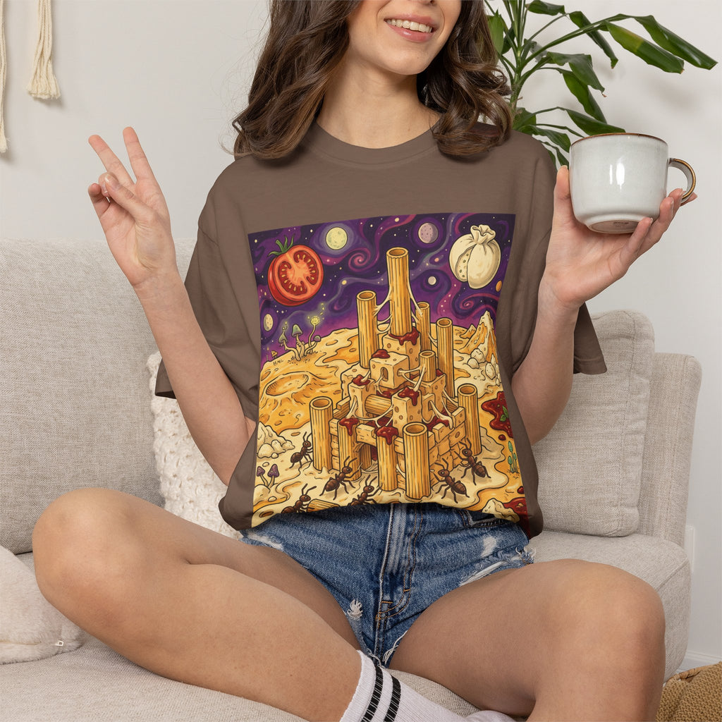The Pasta Citadel — Funny Pasta Castle Tee · Surreal Foodie Art